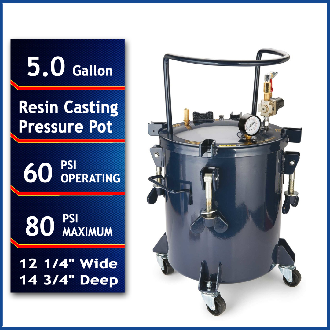 California Air Tools 365C 5 Gallon Pressure Pot for Resin Casting performance graphic showing 5.0 gallon capacity and resin casting pressure specs