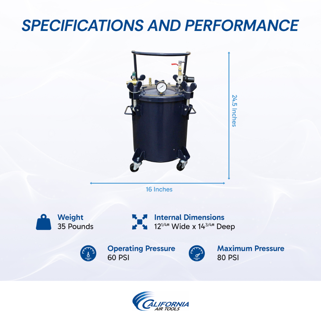California Air Tools 365C 5 Gallon Pressure Pot for Resin Casting specifications and performance comparison graphic