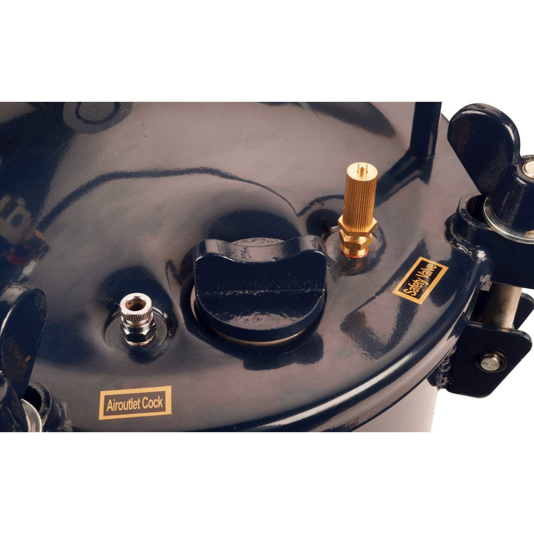 California Air Tools 365C 5 Gallon Pressure Pot for Resin Casting top lid view with sealing system and internal chamber access