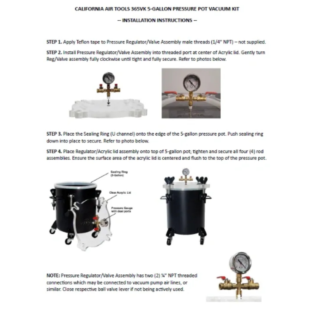 California Air Tools 365VK 5-Gal Pressure Pot Vacuum Kit specifications and performance comparison chart