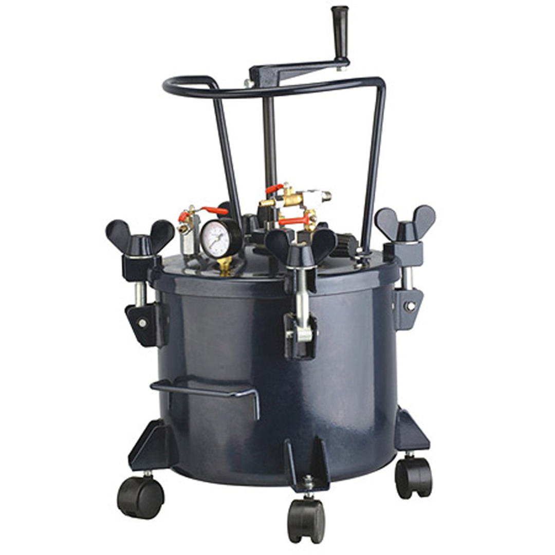 California Air Tools 365 5 Gallon Pressure Pot with HVLP Gun & Hose Kit mounted on wheeled frame with handle and complete spray setup