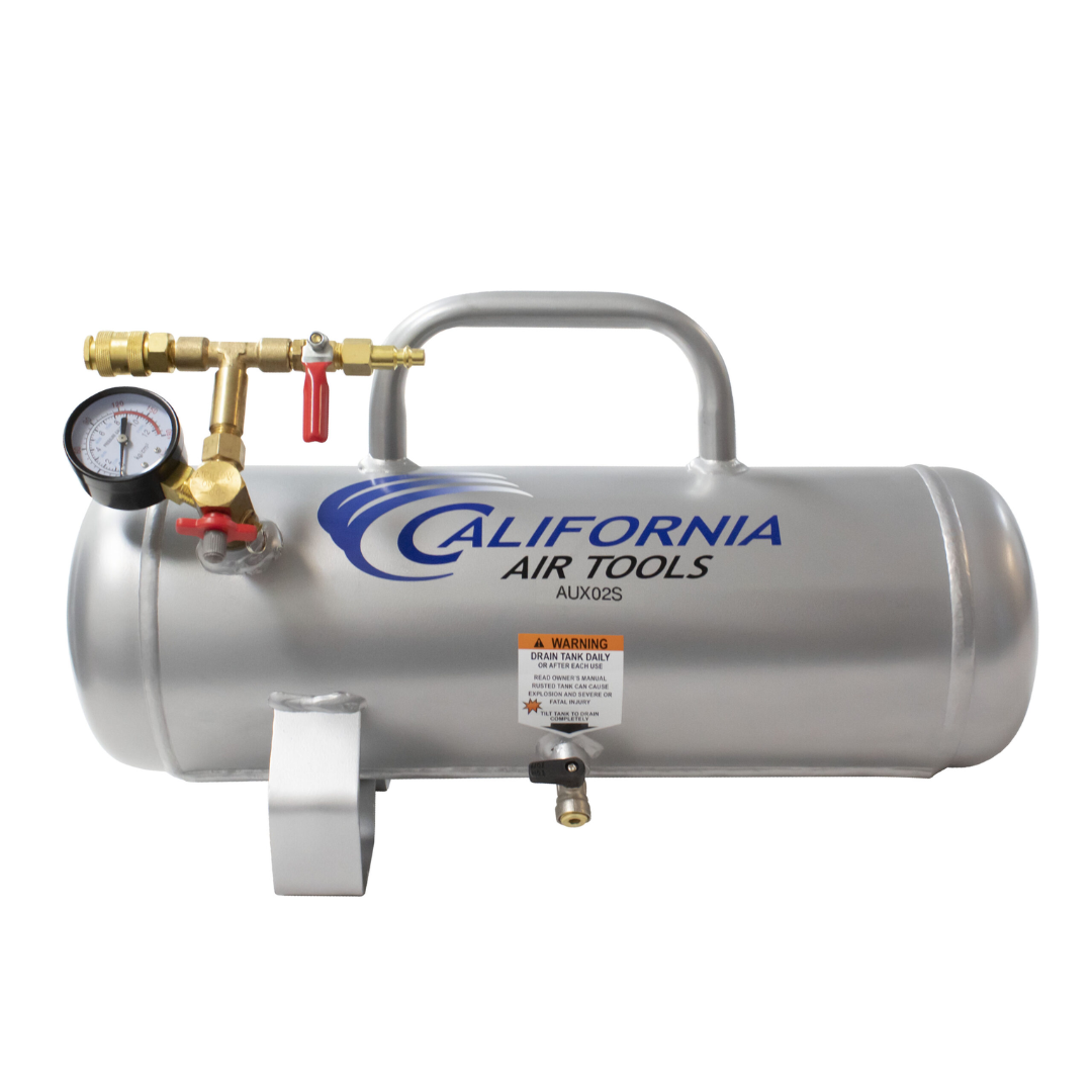 California Air Tools AUX02S 2 Gallon Steel Portable Auxiliary Air Tank side view with integrated valve and pressure components