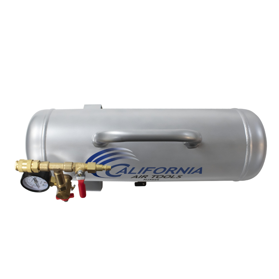California Air Tools AUX02S 2 Gallon Steel Portable Auxiliary Air Tank top angle showing brass fittings and connections