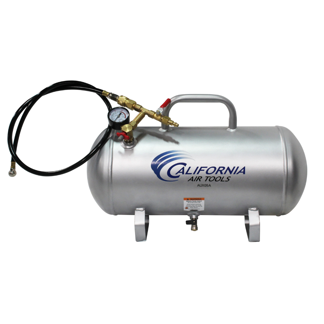 California Air Tools AUX05A 5.0 Gallon ALUMINUM (No Rust) Lightweight Auxiliary Air Tank connected hose setup for air transfer