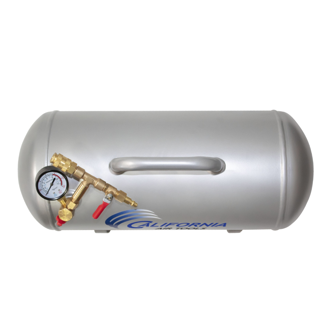 California Air Tools AUX05A 5.0 Gallon ALUMINUM (No Rust) Lightweight Auxiliary Air Tank horizontal profile highlighting corrosion-resistant aluminum tank