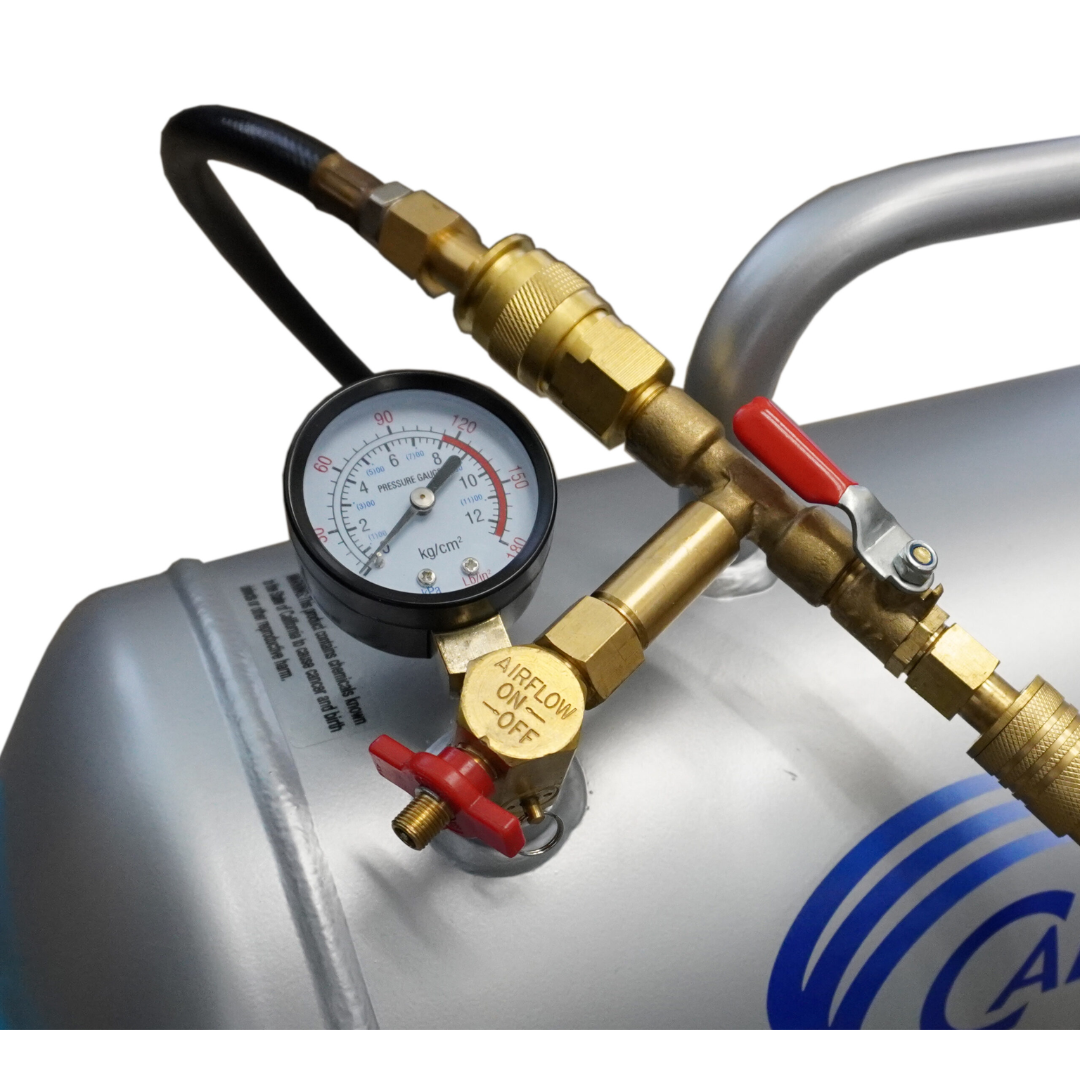 California Air Tools AUX05S 5.0 Gallon Steel Portable Auxiliary Air Tank air hose connection and valve operation close-up