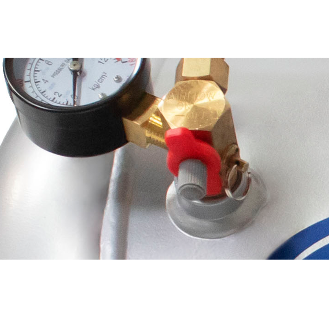 California Air Tools AUX05S 5.0 Gallon Steel Portable Auxiliary Air Tank drain valve close-up for moisture removal