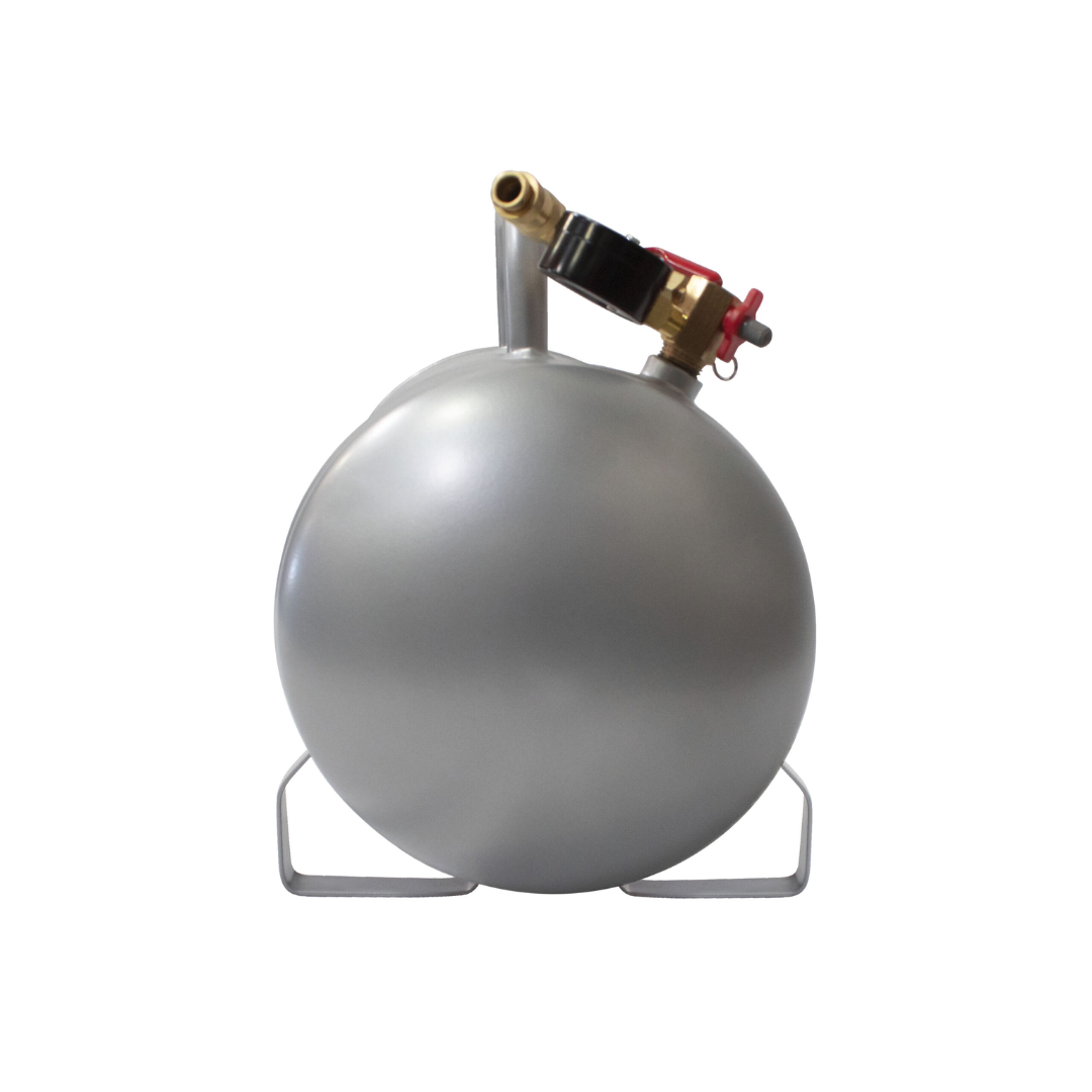 California Air Tools AUX05S 5.0 Gallon Steel Portable Auxiliary Air Tank front angle showing tank structure and valve placement