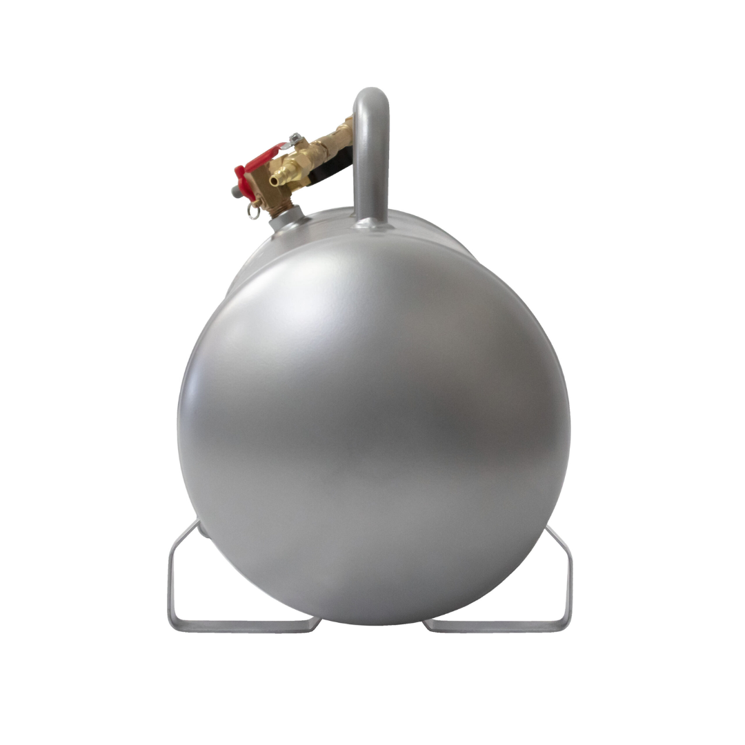 California Air Tools AUX05S 5.0 Gallon Steel Portable Auxiliary Air Tank spherical end view with mounting base