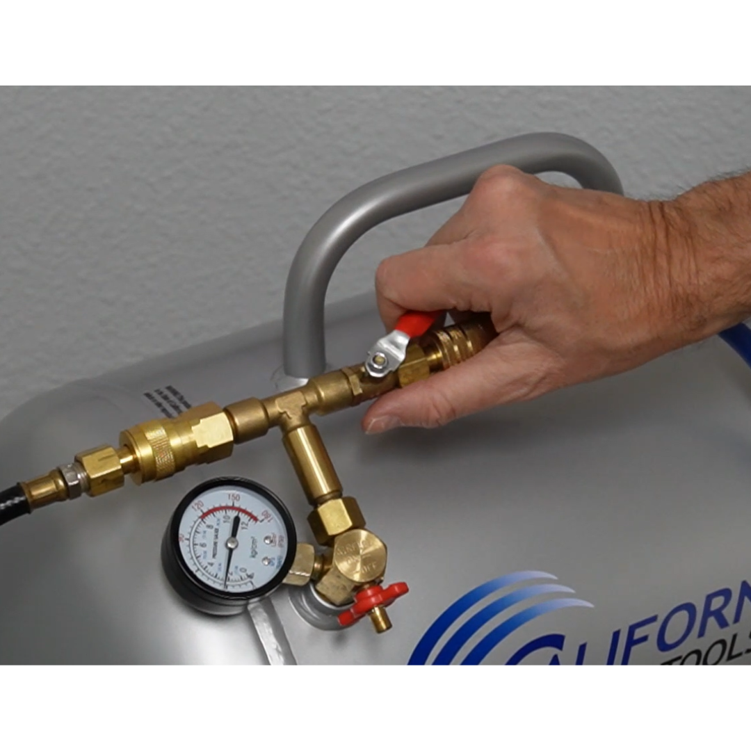 California Air Tools AUX10A 10 Gallon ALUMINUM (No Rust) Ultra Lightweight Auxiliary Air Tank pressure gauge and valve control detail