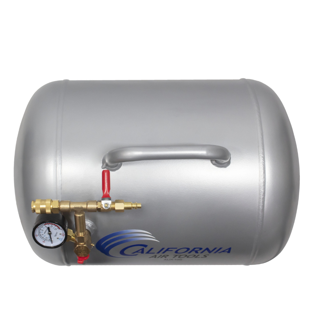 California Air Tools AUX10A 10 Gallon ALUMINUM (No Rust) Ultra Lightweight Auxiliary Air Tank side profile highlighting cylindrical design