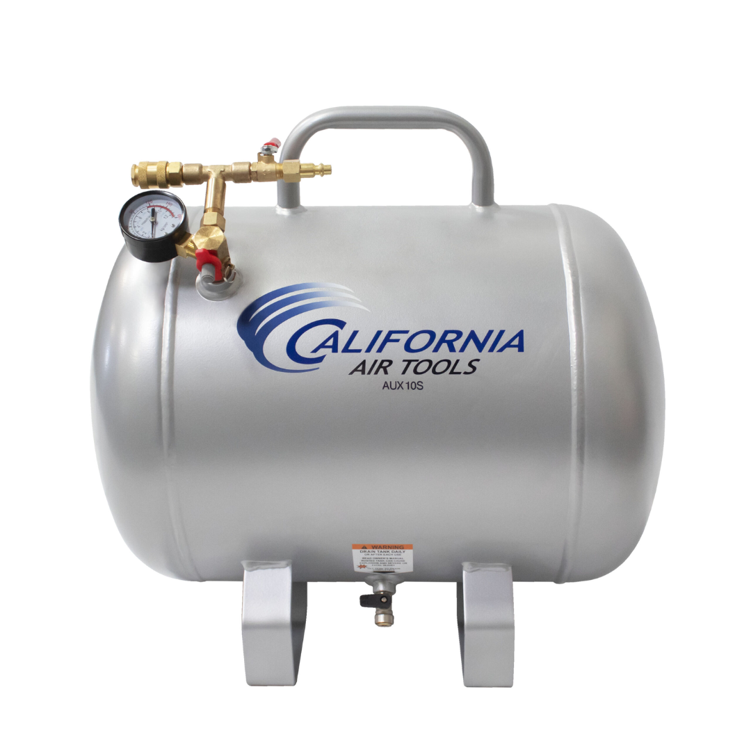 California Air Tools AUX10S 10 Gallon Steel Portable Auxiliary Air Tank side profile showing tank body and fittings