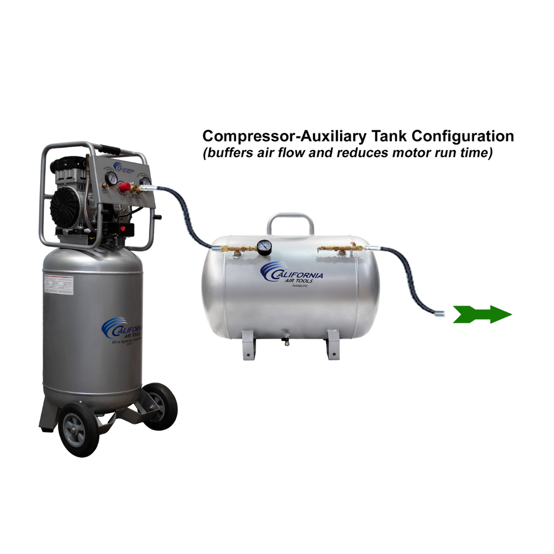 California Air Tools AUX20S 20 Gallon Steel Portable Auxiliary Air Tank connected to vertical air compressor system setup