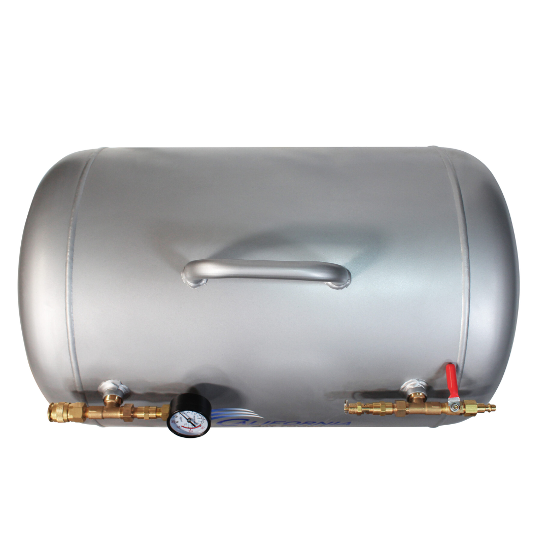 California Air Tools AUX20S 20 Gallon Steel Portable Auxiliary Air Tank horizontal orientation showing tank body and valve assembly