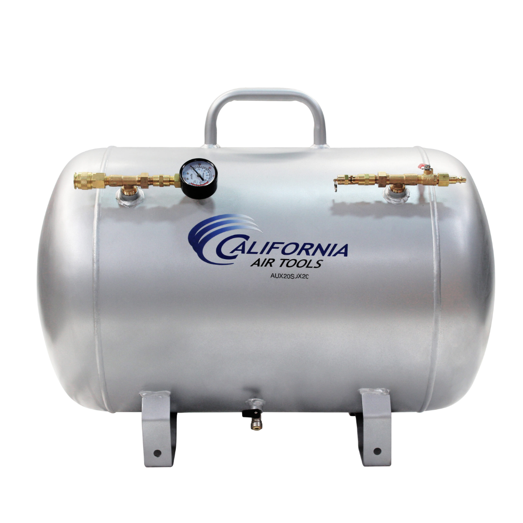 California Air Tools AUX20S 20 Gallon Steel Portable Auxiliary Air Tank side view with handle and fittings