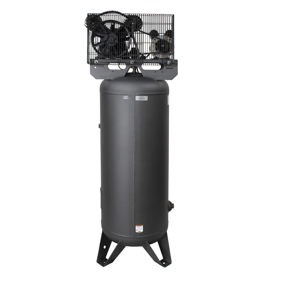 California Air Tools CALAIR 60037BD 60 Gal 3.7 hp One-Stage Oil-Lubricated Belt Driven Air Compressor angled view displaying belt-driven motor and cylinder design.