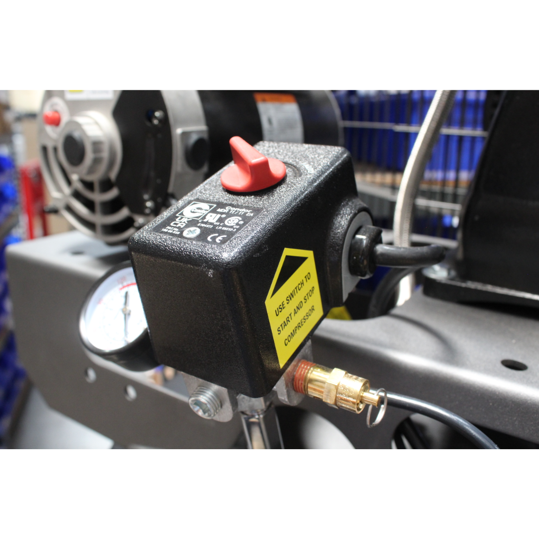 California Air Tools CALAIR 60037BD 60 Gal 3.7 hp One-Stage Oil-Lubricated Belt Driven Air Compressor control panel with pressure gauges, switches, and regulator