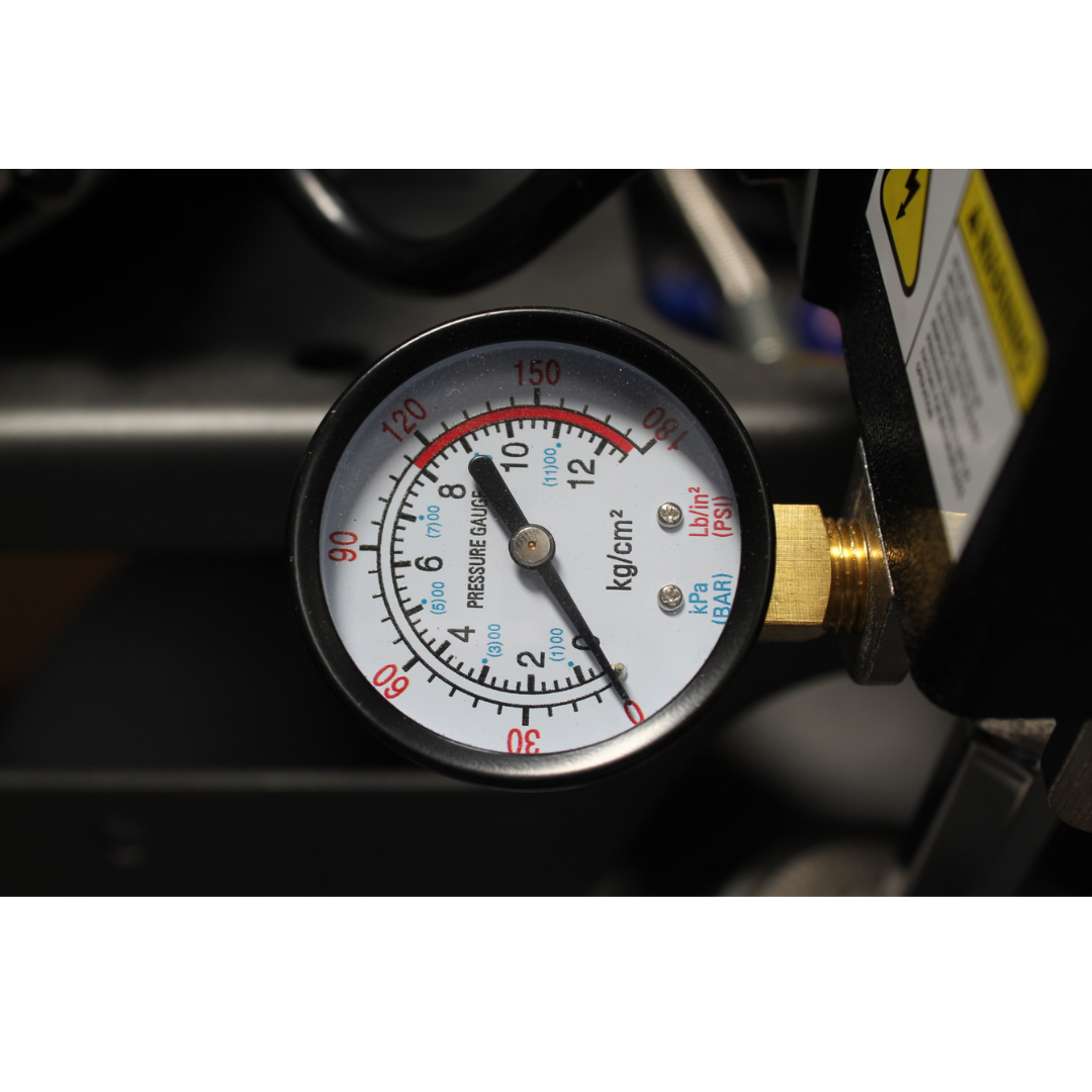 California Air Tools CALAIR 60037BD 60 Gal 3.7 hp One-Stage Oil-Lubricated Belt Driven Air Compressor detailed pressure gauge showing PSI readings.