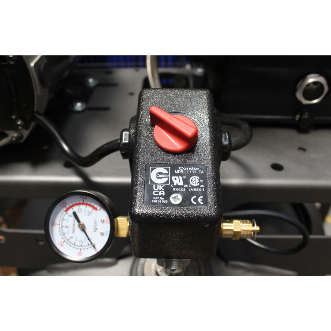California Air Tools CALAIR 60037BD 60 Gal 3.7 hp One-Stage Oil-Lubricated Belt Driven Air Compressor detailed pressure gauge showing PSI readings