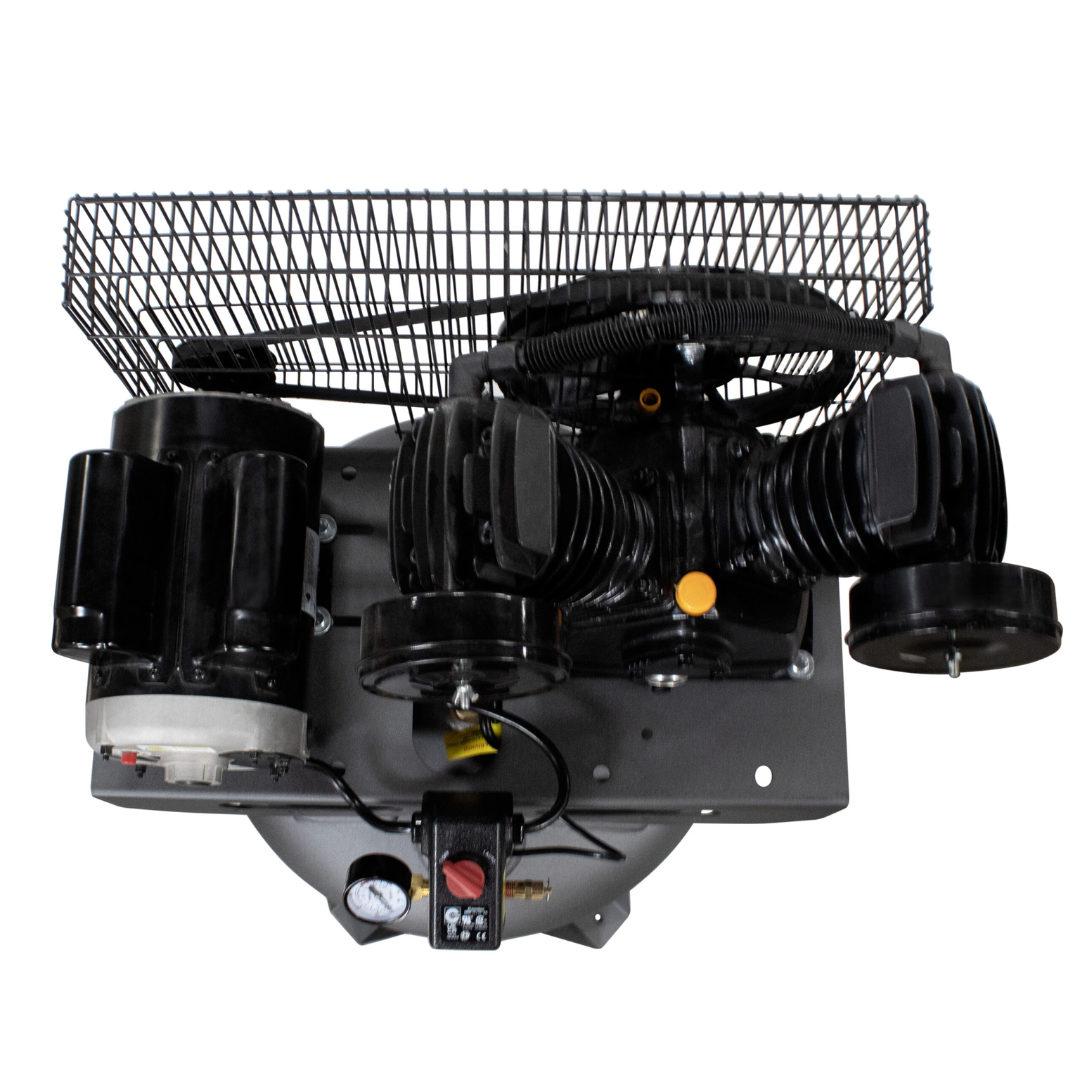 California Air Tools CALAIR 60037BD 60 Gal 3.7 hp One-Stage Oil-Lubricated Belt Driven Air Compressor pump and motor assembly close-up with dual cylinder system