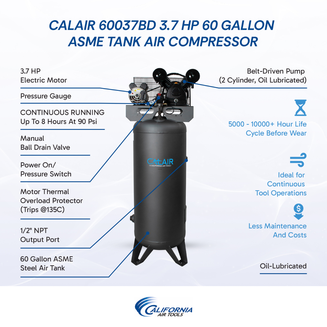 California Air Tools CALAIR 60037BD 60 Gal 3.7 hp One-Stage Oil-Lubricated Belt Driven Air Compressor specification chart showing airflow, PSI, and performance metrics