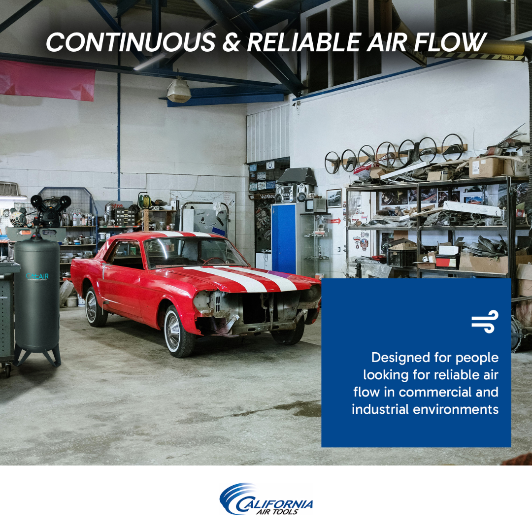 California Air Tools CALAIR 60037BD 60 Gal 3.7 hp One-Stage Oil-Lubricated Belt Driven Air Compressor used in automotive workshop for continuous airflow applications