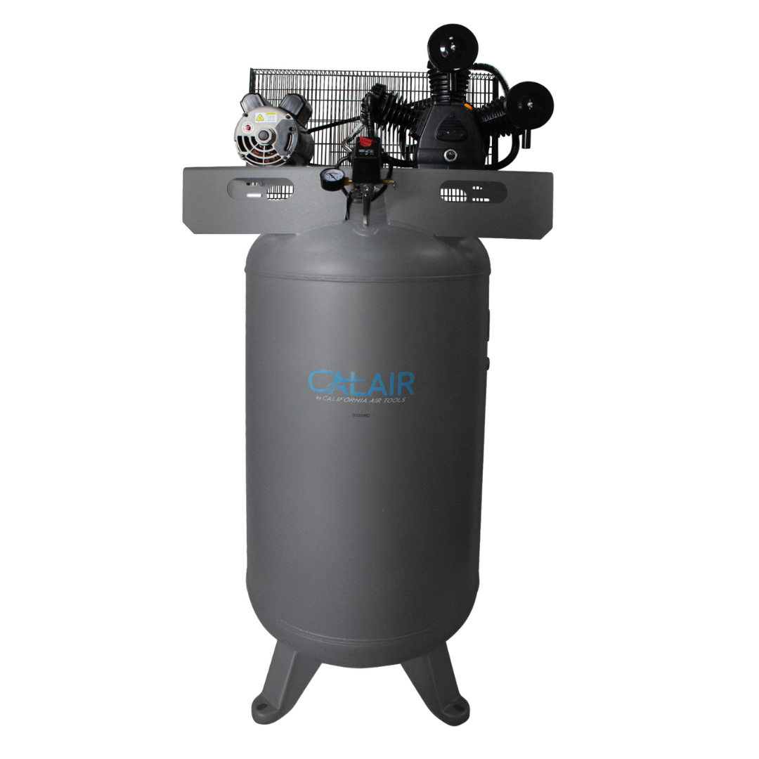 California Air Tools CALAIR 80050BD 80 Gal 5.0 hp One-Stage Oil-Lubricated Belt Driven Air Compressor angled view showing belt-driven dual cylinder system.
