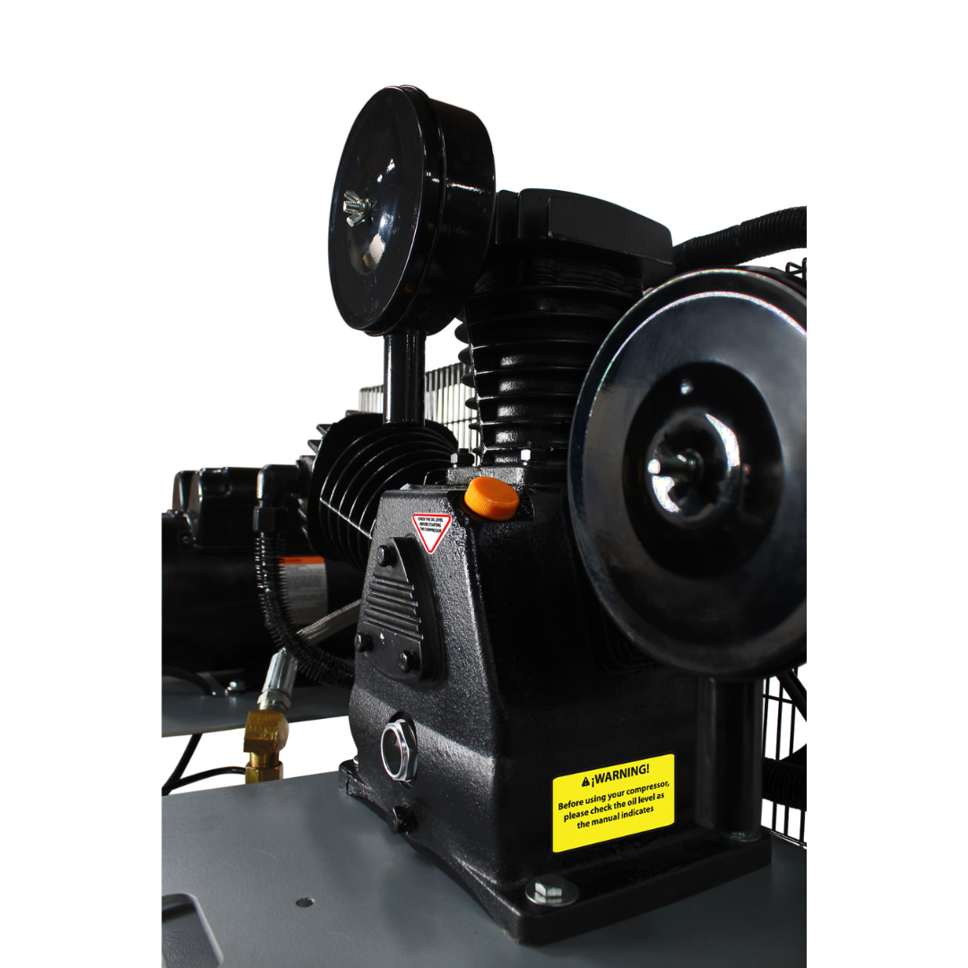California Air Tools CALAIR 80050BD 80 Gal 5.0 hp One-Stage Oil-Lubricated Belt Driven Air Compressor belt-driven pump close-up with protective guard