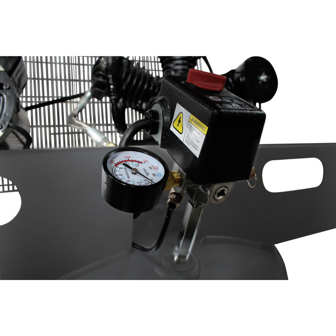 California Air Tools CALAIR 80050BD 80 Gal 5.0 hp One-Stage Oil-Lubricated Belt Driven Air Compressor control panel with pressure gauges and switches