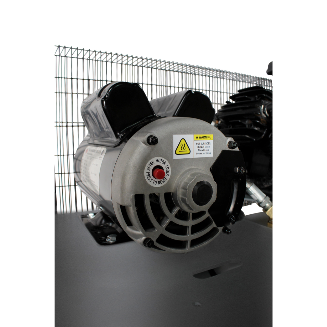California Air Tools CALAIR 80050BD 80 Gal 5.0 hp One-Stage Oil-Lubricated Belt Driven Air Compressor motor rear view with cooling fan and housing