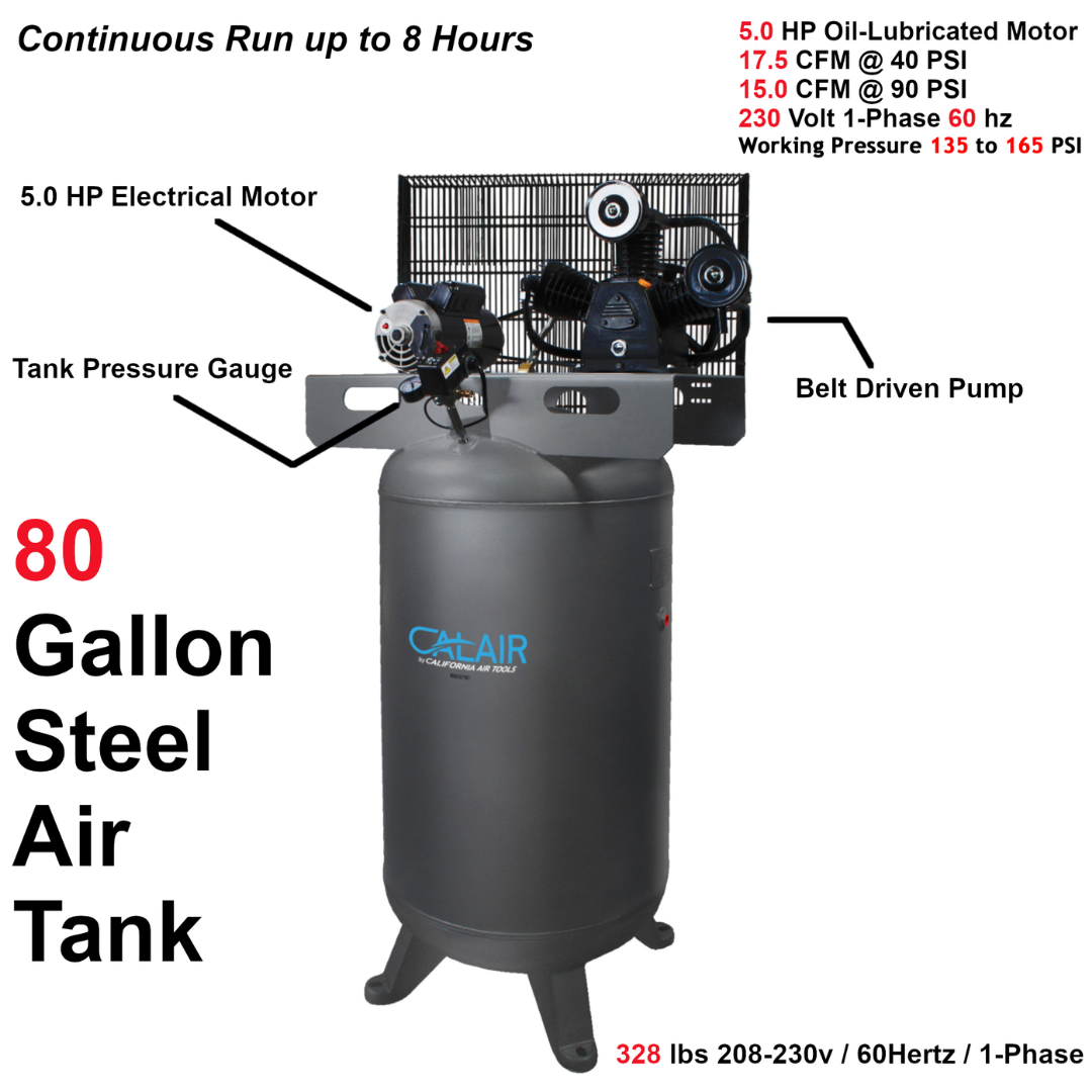 California Air Tools CALAIR 80050BD 80 Gal 5.0 hp One-Stage Oil-Lubricated Belt Driven Air Compressor specification chart showing tank size and airflow ratings