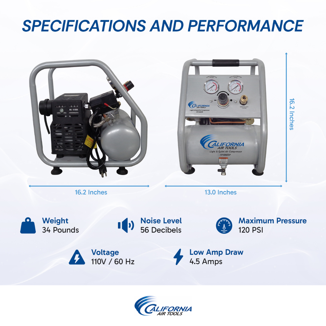 California Air Tools Light & Quiet 1P1060SP Portable Air Compressor specifications and performance diagram