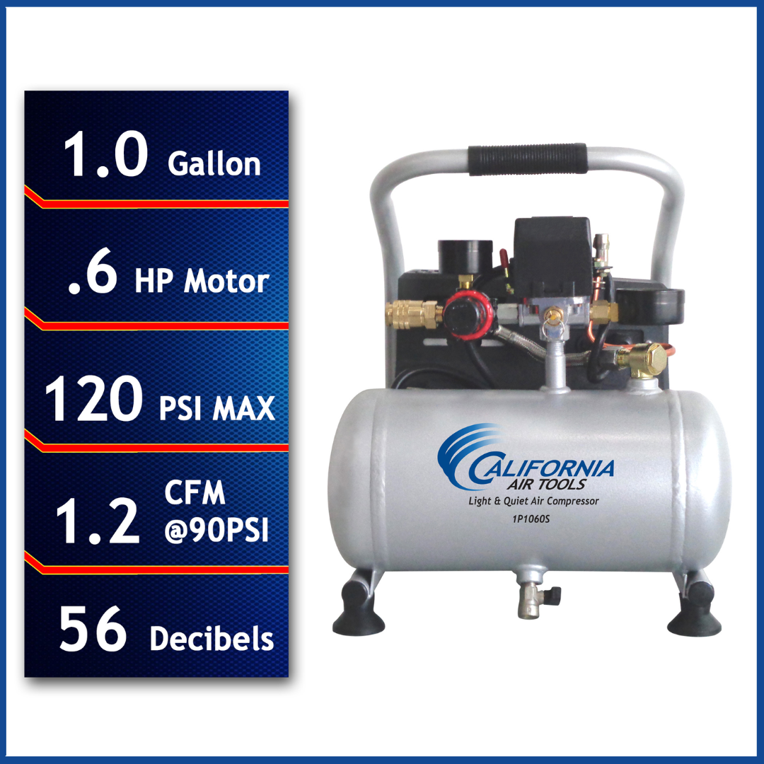 California Air Tools Light & Ultra Quiet 1P1060S Portable Air Compressor front view with tank and performance specs overlay