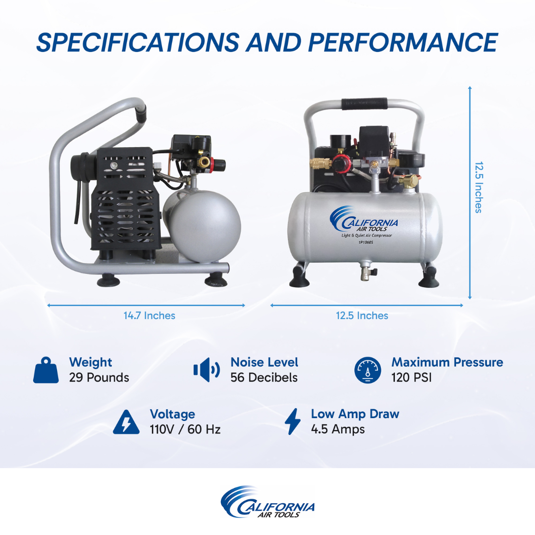 California Air Tools Light & Ultra Quiet 1P1060S Portable Air Compressor specifications and performance comparison chart