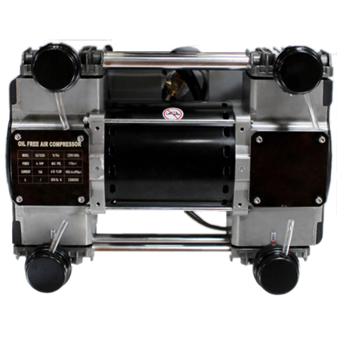 California Air Tools OLF-3500 6.5 Hp Ultra Quiet & Oil-Free Motor Pump (208/220v 60hz 3-phase) 91441 front view showing heavy-duty multi-cylinder motor pump assembly with protective frame