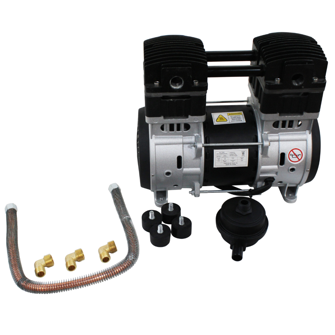 California Air Tools SP-91336 (110v 60hz) 1.5 Hp Ultra Quiet & Oil-Free Air Compressor Motor Pump High Pressure front view showing dual piston motor pump assembly with intake filters and mounting base