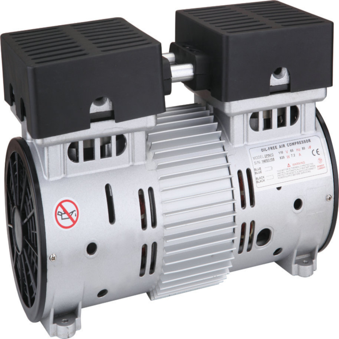 California Air Tools SP-9413 (110v 60hz) 1.0 Hp Ultra Quiet & Oil-Free Pump/Motor side view showing dual piston design and cooling fins for efficient operation