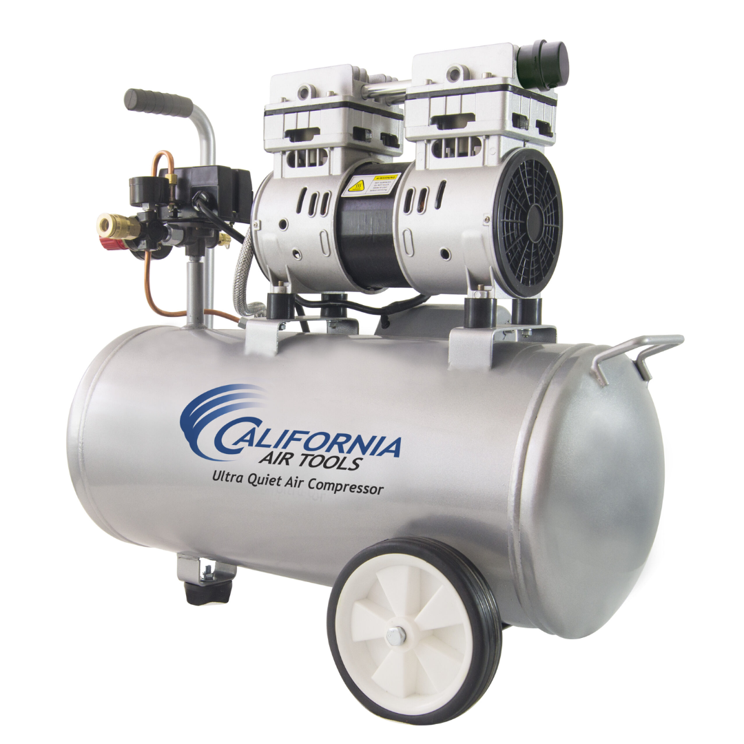 California Air Tools Ultra Quiet 8010 PK Air Compressor, 1.0 Hp 8-Gallon & LVLP Spray Painting Kit front angle showing aluminum tank and dual piston pump