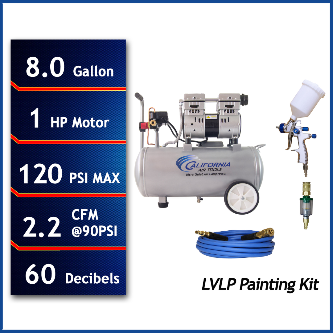 California Air Tools Ultra Quiet 8010 PK Air Compressor, 1.0 Hp 8-Gallon & LVLP Spray Painting Kit showing full kit with compressor, spray gun, hose, and specs