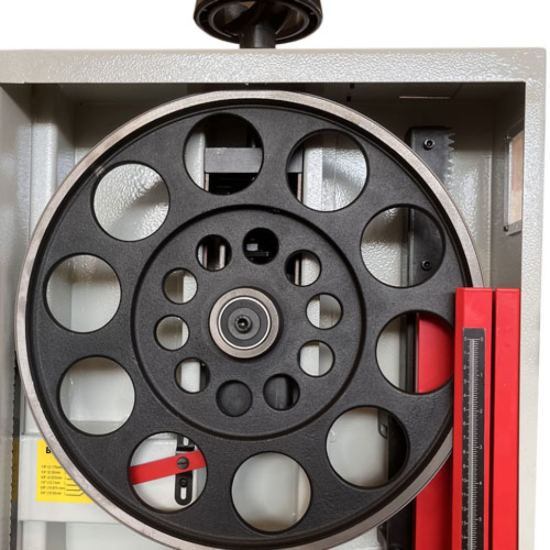 Cast iron wheel detail inside Maksiwa SF.35.MI 14” Bandsaw