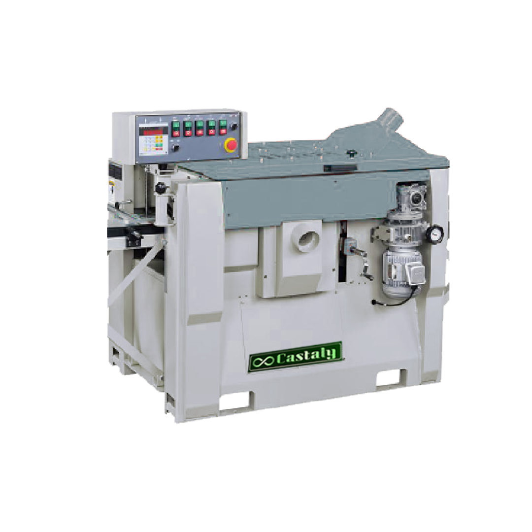 Castaly 11-3/4” x 4 ~ 9” Four Side Planer / Moulder SM-124TA shown in full front perspective with enclosed base and multi-head configuration