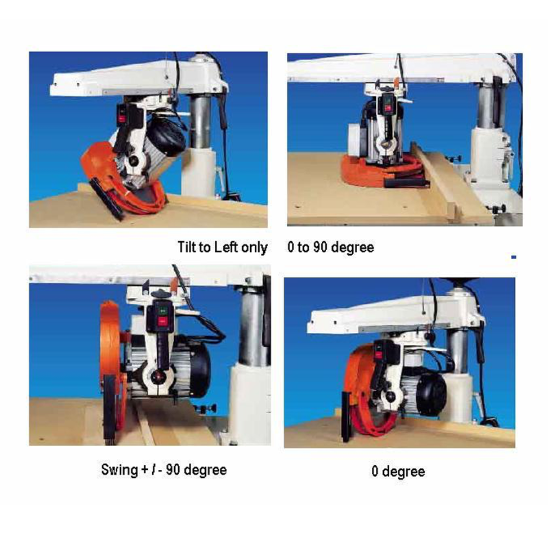 Castaly 12" Radial Arm Saw RS-612 miter cutting configuration demonstrating horizontal swivel capability and stable cast arm construction for accurate angle cuts.
Castaly 12" Radial Arm Saw RS-612 bevel cutting setup displaying vertical tilt adjustment and integrated safety blade guard for controlled cutting performance.