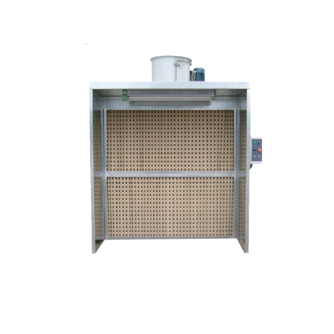 Castaly 8" Dry Filter Spray Booth TS-08DB industrial dry filter spray booth with high-efficiency exhaust fan system, perforated dry filter wall, enclosed steel structure, and side-mounted control panel for woodworking finishing applications.
