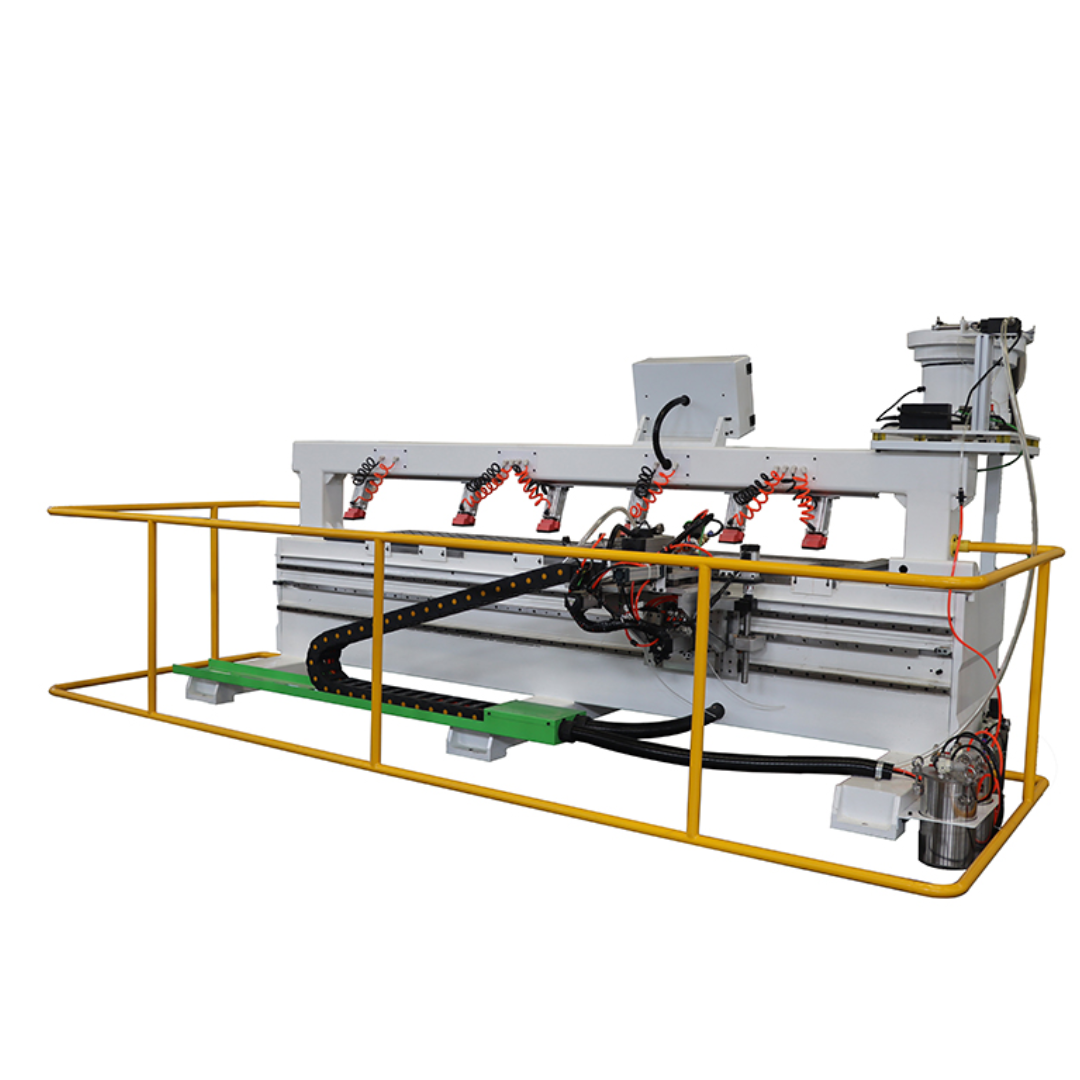 Castaly CNC Boring / Drilling Glue Injection & Dowel Insert Machine side perspective showing drilling and dowel insertion stations