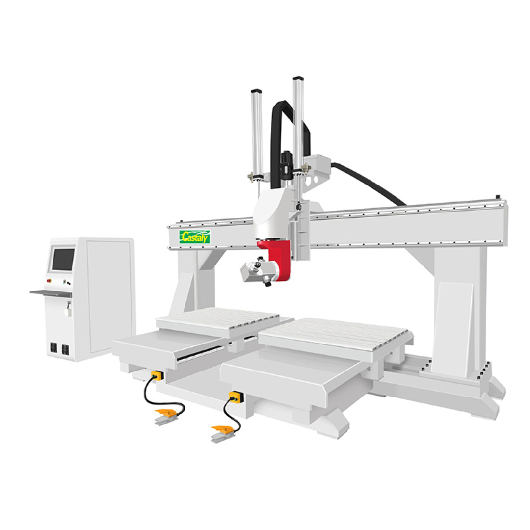 Castaly CR-DU Single 4’x8’ Dual Table CNC 5 Axis Router full machine view showing dual worktables and gantry structure