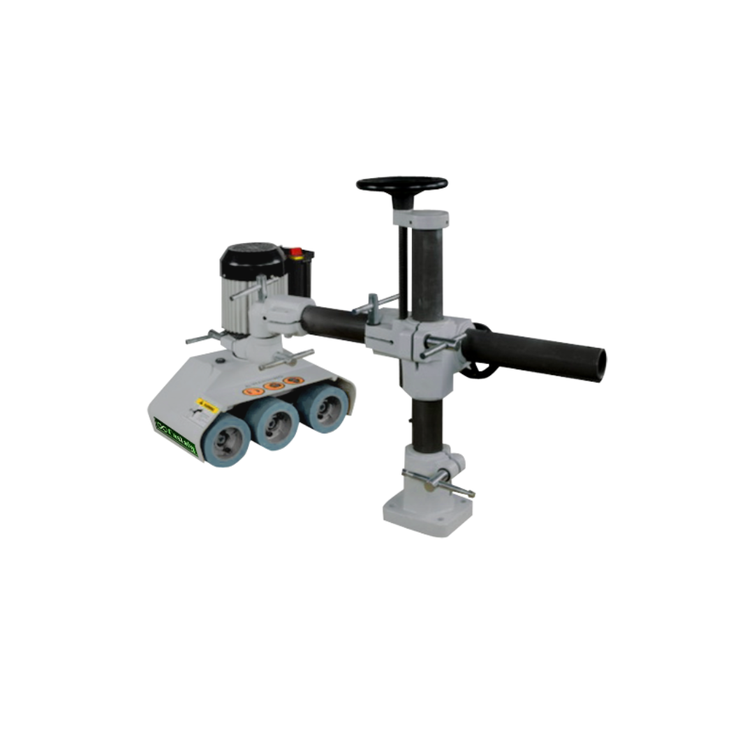Side view of the Castaly ST-303FD Power Feeder highlighting vertical column, horizontal mounting arm, and gear-driven feed head assembly
Close-up of the three precision feed rollers designed for smooth and consistent material control
Detail of the heavy-duty cast iron base and aluminum adjustment wheels for vertical and horizontal positioning