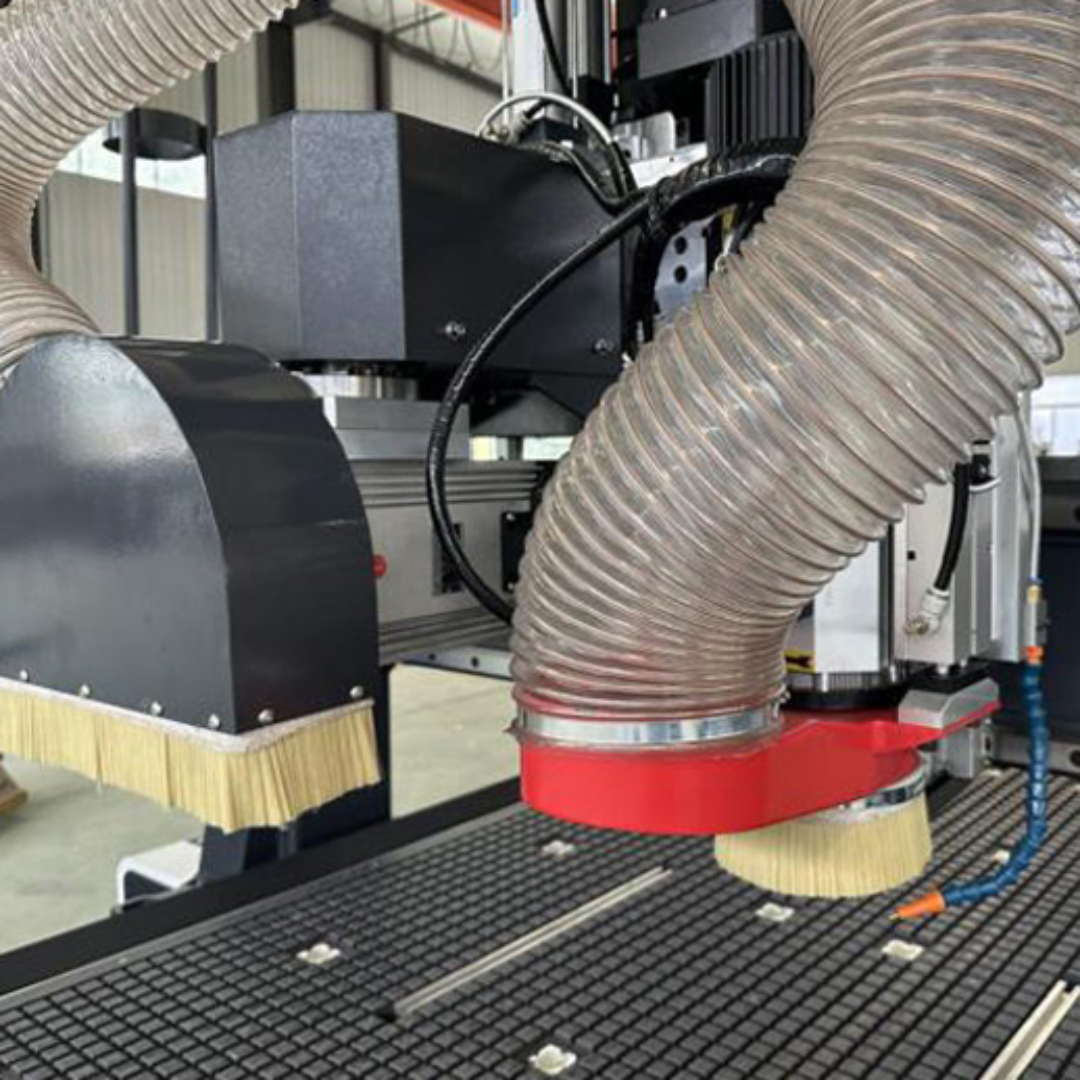 Castaly Rapid-12R-SU CNC Router close-up of spindle cutting head with dust extraction hose