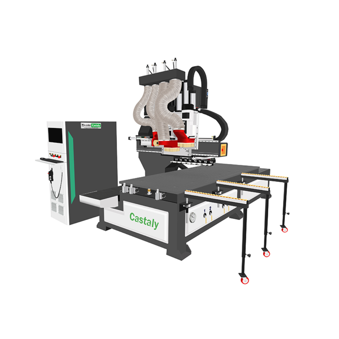 Castaly Rhéa CNC Top Face and One Edge Door Processing Machine Center full machine view with loading table and multi-head processing system