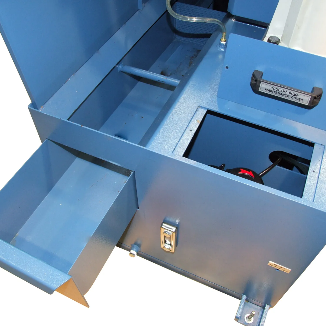 Chip tray and machine base detail of Baileigh 14-Inch Semi-Auto Horizontal Bandsaw BS-360SA 1001582 built for efficient debris management and shop cleanliness.