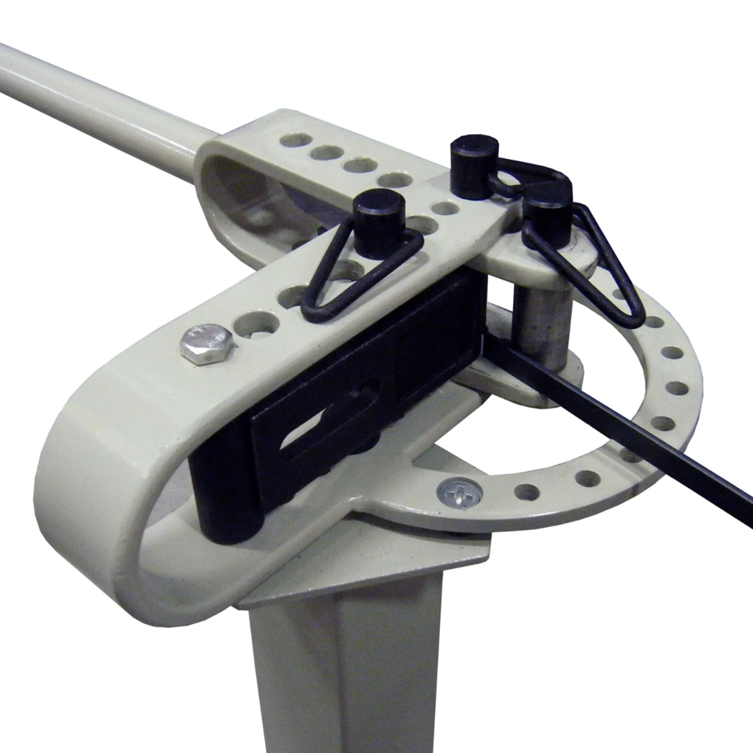 Close-up image of Baileigh Compact Flat Bar Bender - (MCB-650) 1005424 handle and bending mechanism highlighting ergonomic operation and precision-engineered metalworking components.